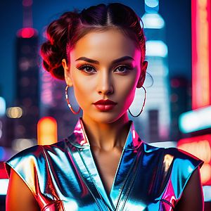 Confident Woman in Metallic Jacket Against Neon Cityscape