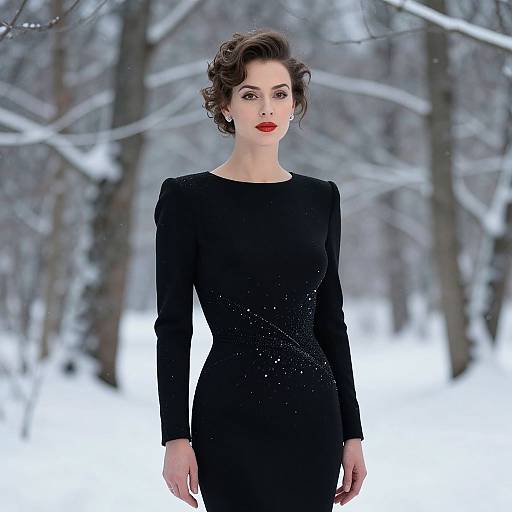 Elegant Woman in Black Dress Posing in Snowy Winter Forest