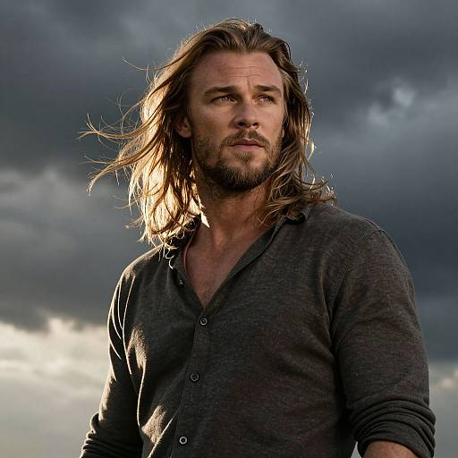 Dramatic Portrait of Man with Long Hair and Beard Against Stormy Sky