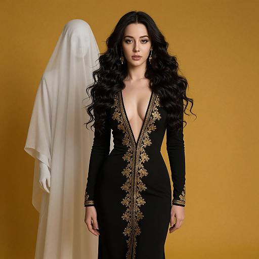Elegant Woman in Embroidered Black Dress with Ghostly Figure on Yellow Background