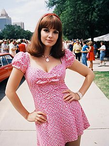 Woman in Austin Powers Pink Dress Costume Outdoor Photo on Bright Day