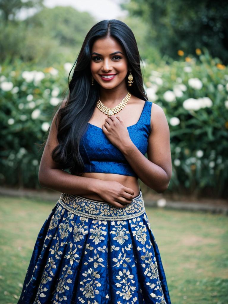 Woman Wearing Blue Brocade Lehenga with Gold Embroidery and Jewelry