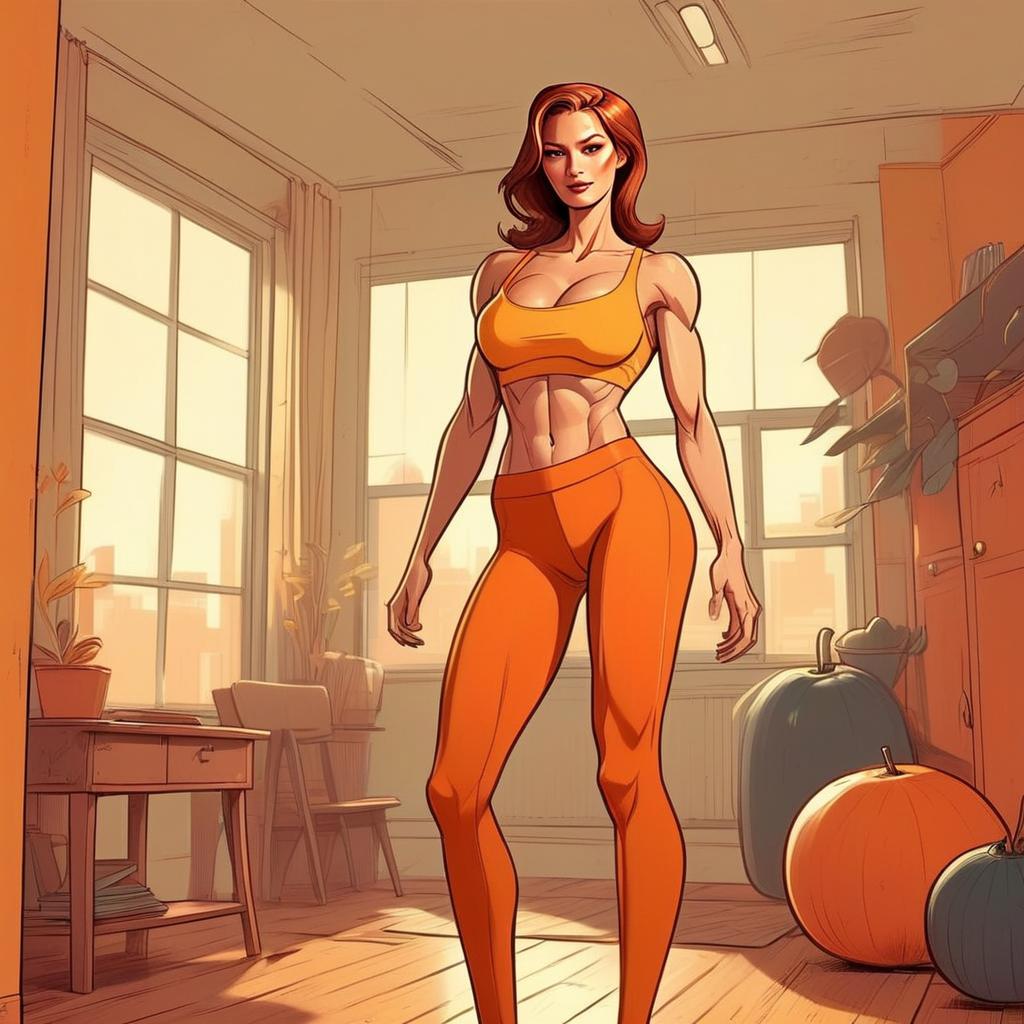 Confident Woman in Orange Sportswear in Cozy Room Confident Woman in Orange Sportswear in Cozy Room