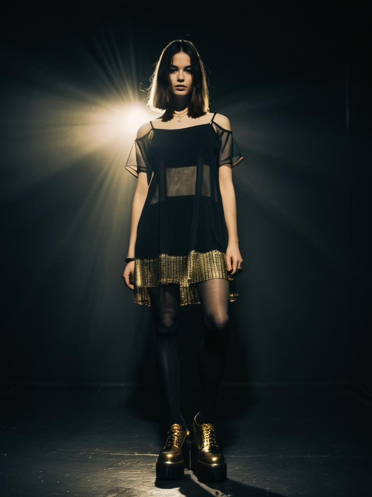 90s Grunge Revival Woman in Metallic Thread Sheer Slip Dress with Gold Platform Shoes