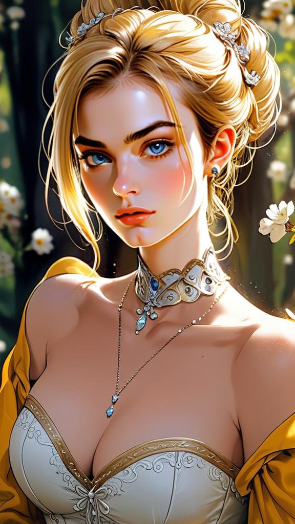 Young Woman with Blue Eyes in Elegant Gown
