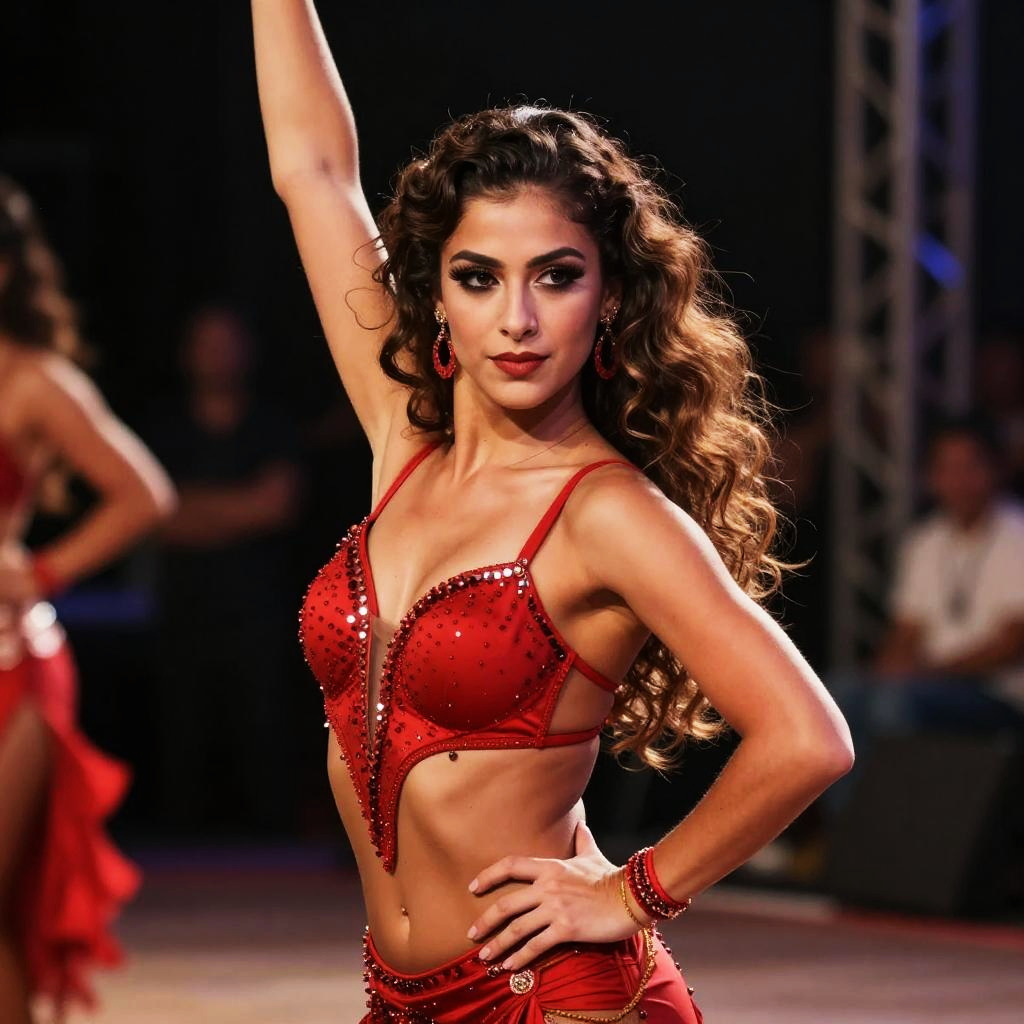 Confident Woman in Red Latin Dance Costume Performing on Stage