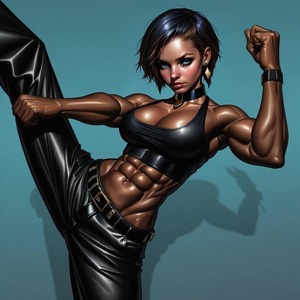 Muscular Woman Martial Arts Digital Illustration with Black Clothing