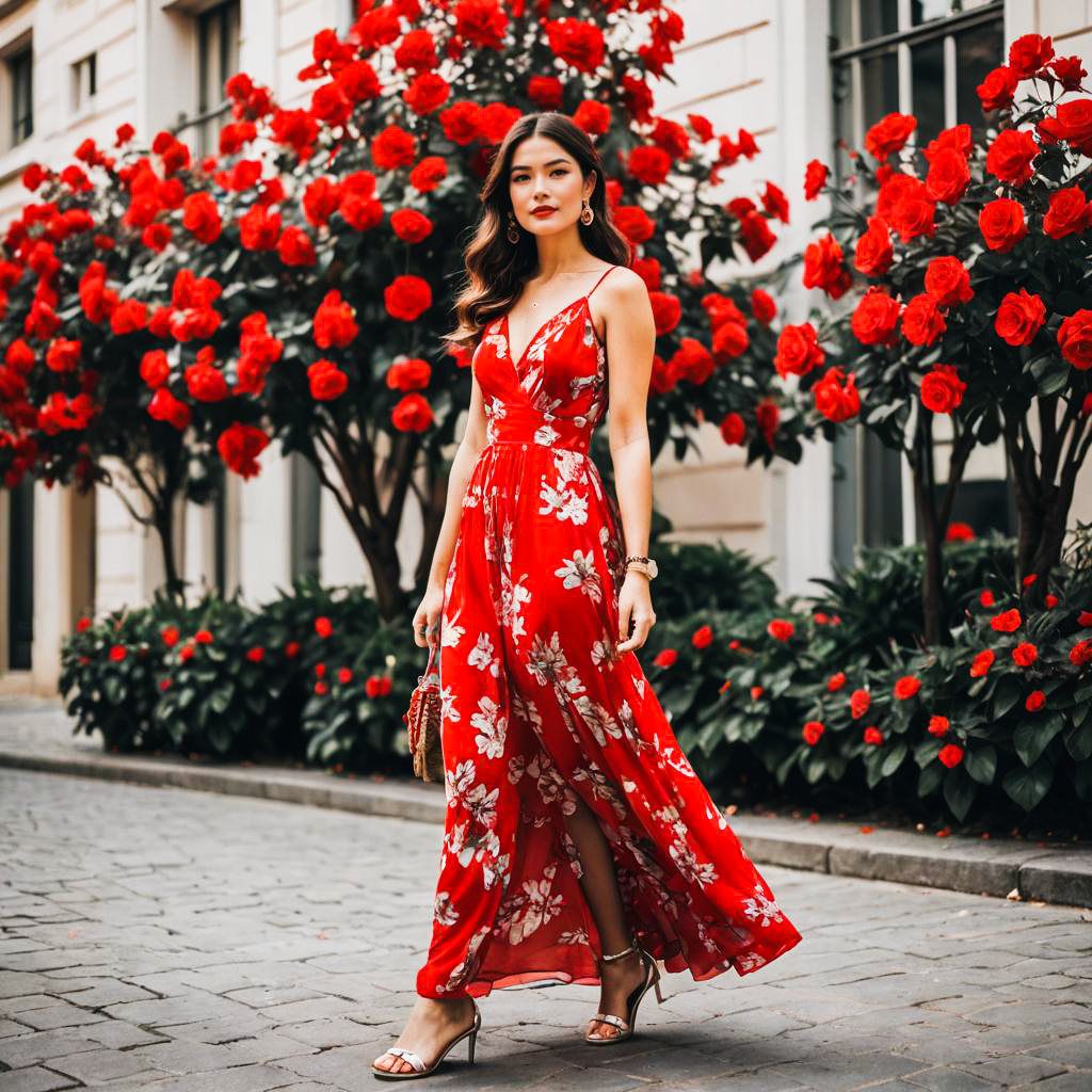 Fashionable Woman in Red Floral Dress Among Roses