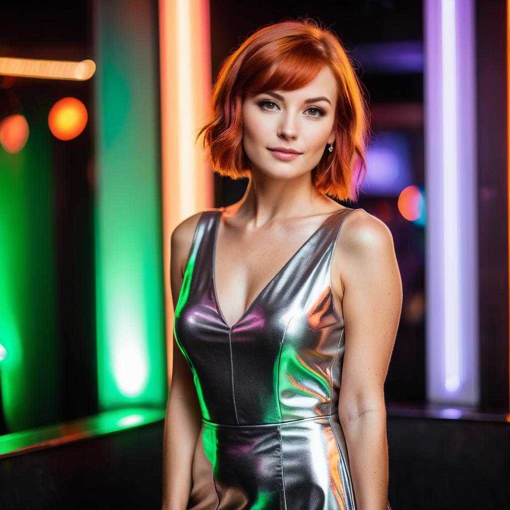 Woman in Metallic Silver Dress with Vibrant Lighting in Nightclub