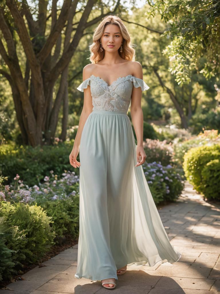 Elegant Woman in Light-Blue Dress in Sunlit Garden