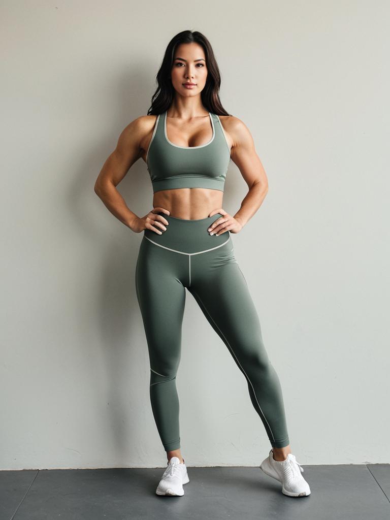 Fit Woman in Sage Green Activewear Posing Confidently in Studio