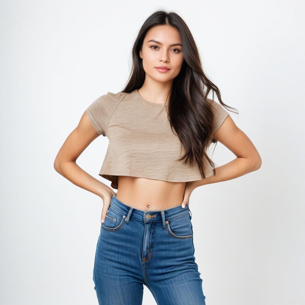 Young Woman in Beige Cropped T-Shirt and High-Waisted Jeans Fashion Portrait