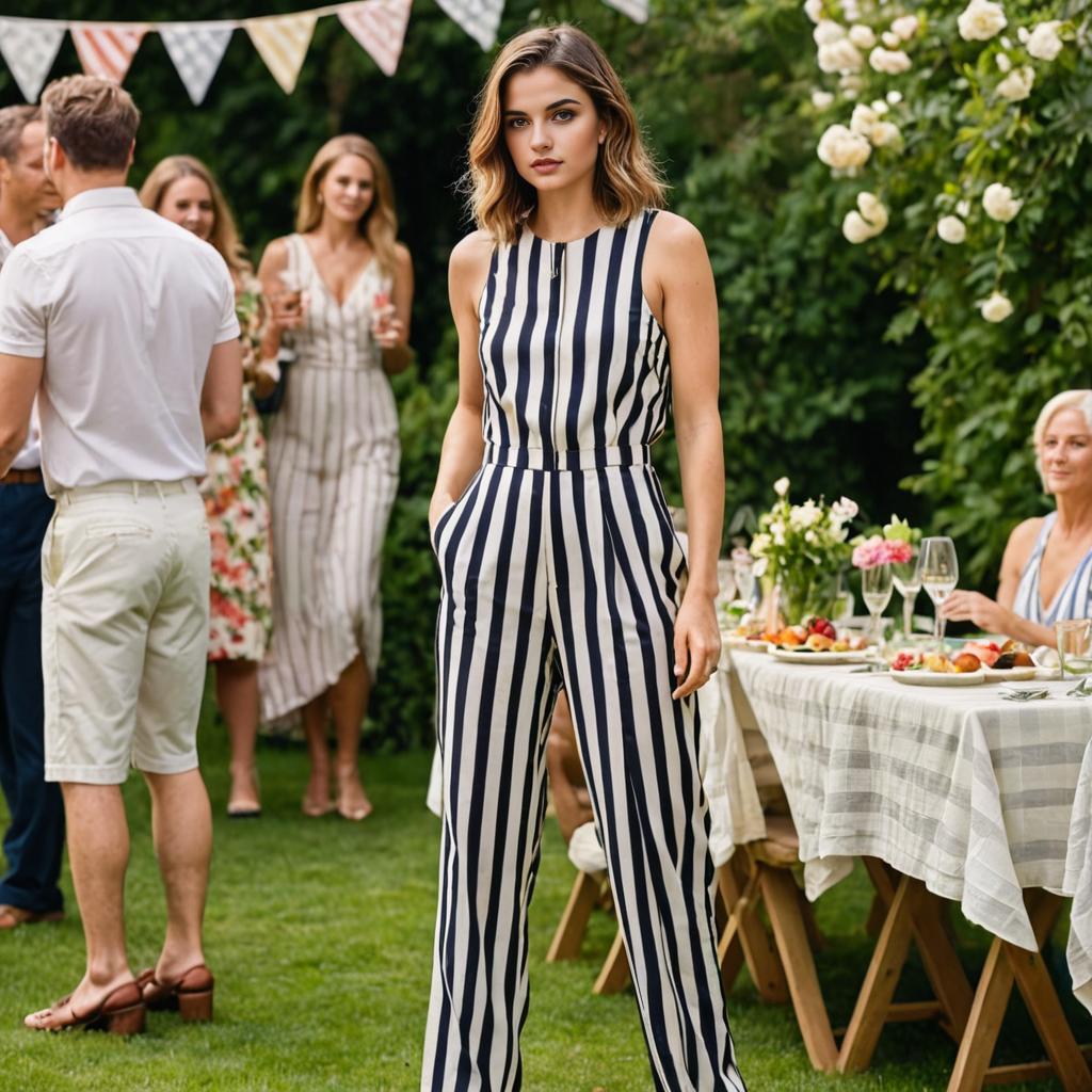 Woman in striped jumpsuit at outdoor party