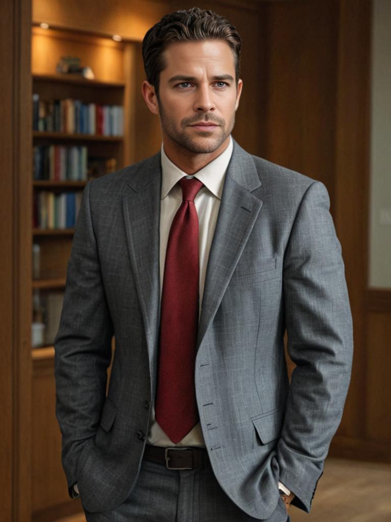 Confident Man in Grey Suit with Red Tie in Office