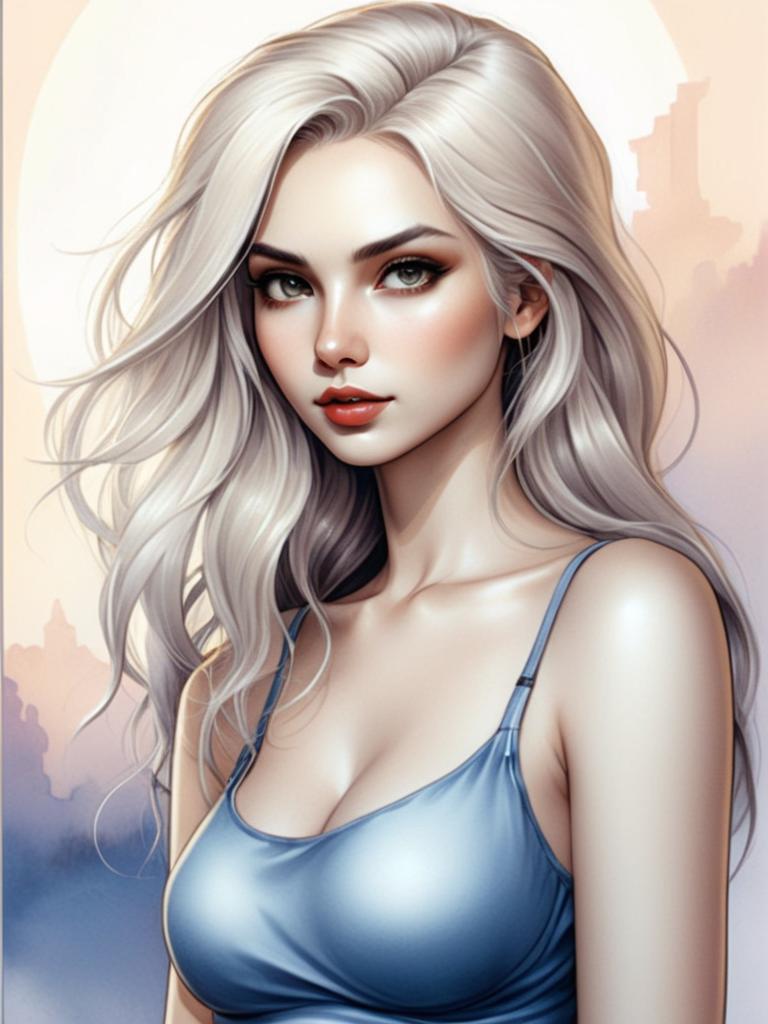 Digital Portrait of Woman with Silver Hair in Blue Camisole