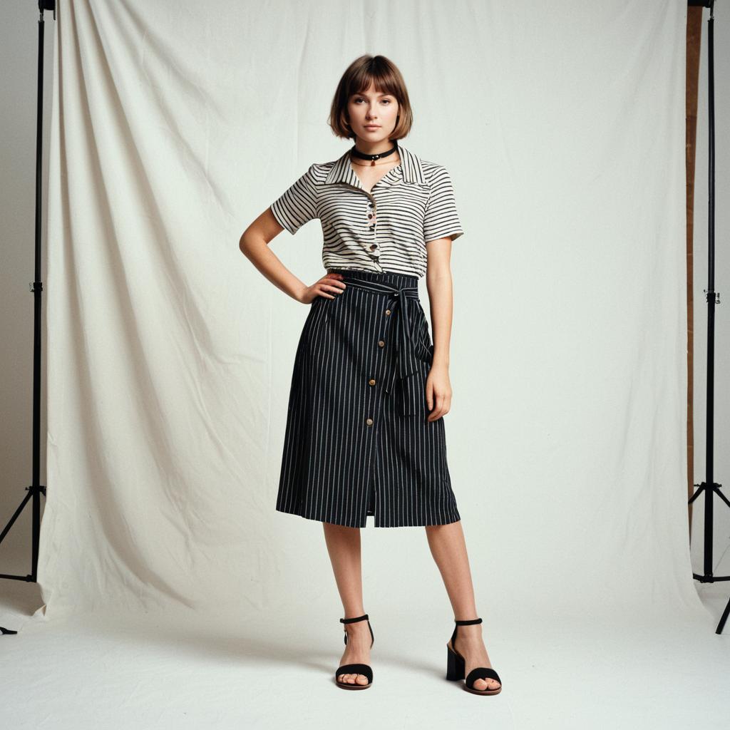 Fashionable Woman in Striped Blouse and Pinstripe Skirt Studio Portrait