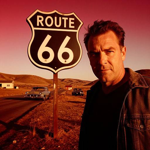 Man Standing Next to Route 66 Sign with Vintage Cars at Sunset