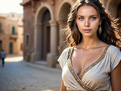 Elegant Woman in Historic Town