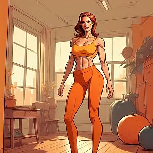 Confident Woman in Orange Sportswear in Cozy Room