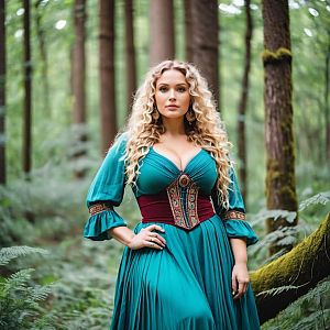 Confident Woman in Teal Dress in Enchanted Forest