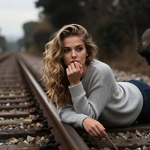 Contemplative Woman in Grey Sweater Lying on Railway Tracks