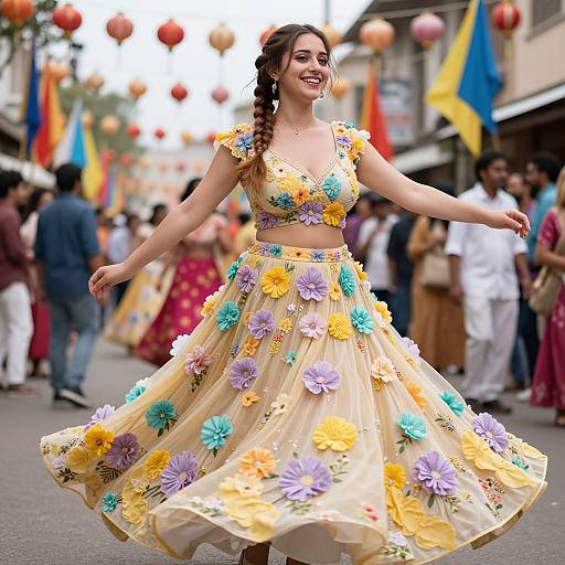 Woman Spinning in Colorful Floral Lehenga at Festive Street