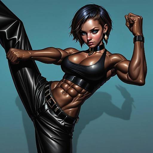 Muscular Woman Martial Arts Digital Illustration with Black Clothing