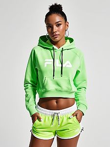Woman in Sporty Neon Green FILA Cropped Hoodie and Athletic Shorts