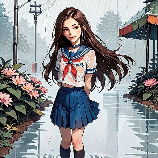 Anime Girl in Japanese School Uniform Standing in the Rain Digital Art