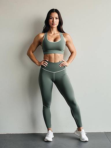 Fit Woman in Sage Green Activewear Posing Confidently in Studio