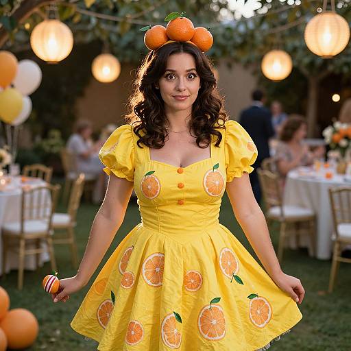 Woman in Yellow Orange Print Dress with Orange Headpiece at Outdoor Party