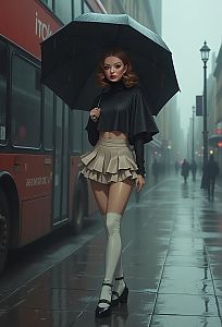 Stylish Woman Holding Umbrella on Rainy Urban Street with Red Bus