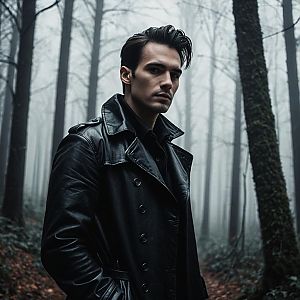 Mysterious Young Man in Foggy Forest