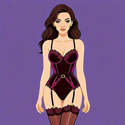 Woman in Deep Burgundy Velvet Bodysuit with Lace Garter in Boudoir Style Illustration