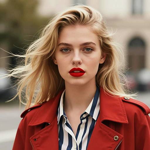Confident Gen Z Woman Wearing Red Trench Coat and Striped Shirt