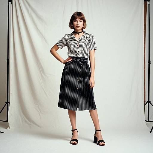 Fashionable Woman in Striped Blouse and Pinstripe Skirt Studio Portrait