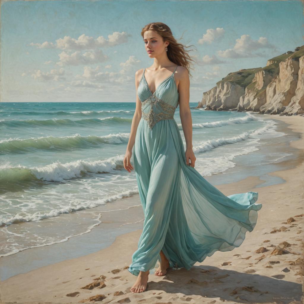 Woman in Light Blue Gown on Scenic Beach