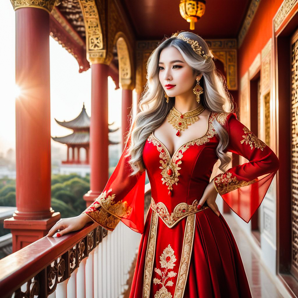 Elegant Woman in Red Gown on Balcony Elegant Woman in Red Gown on Balcony