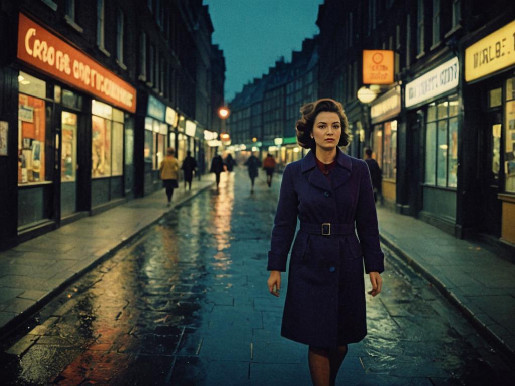 Stylish Woman Walking in City at Night