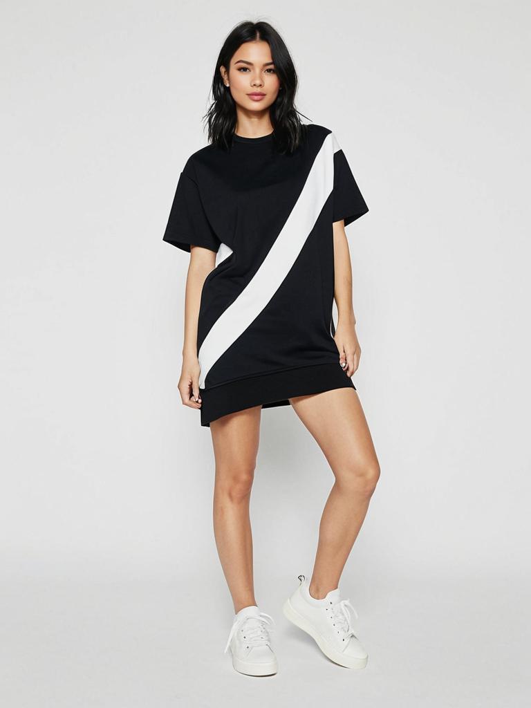 Woman in Sporty Chic Black Mini Dress with Oversized T-shirt and White Sneakers