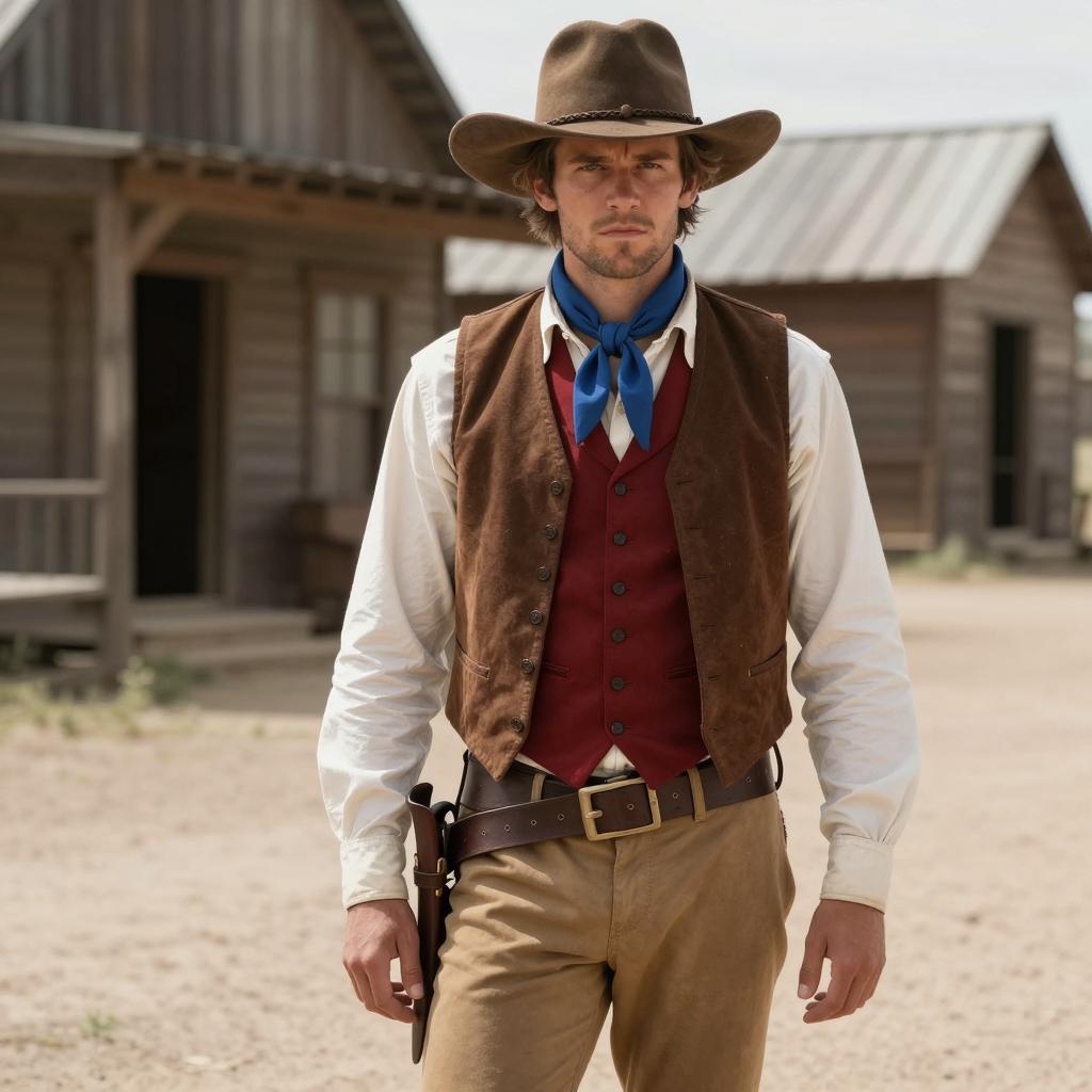 Classic Cowboy in Western Town Outfit with Brown Hat and Vest