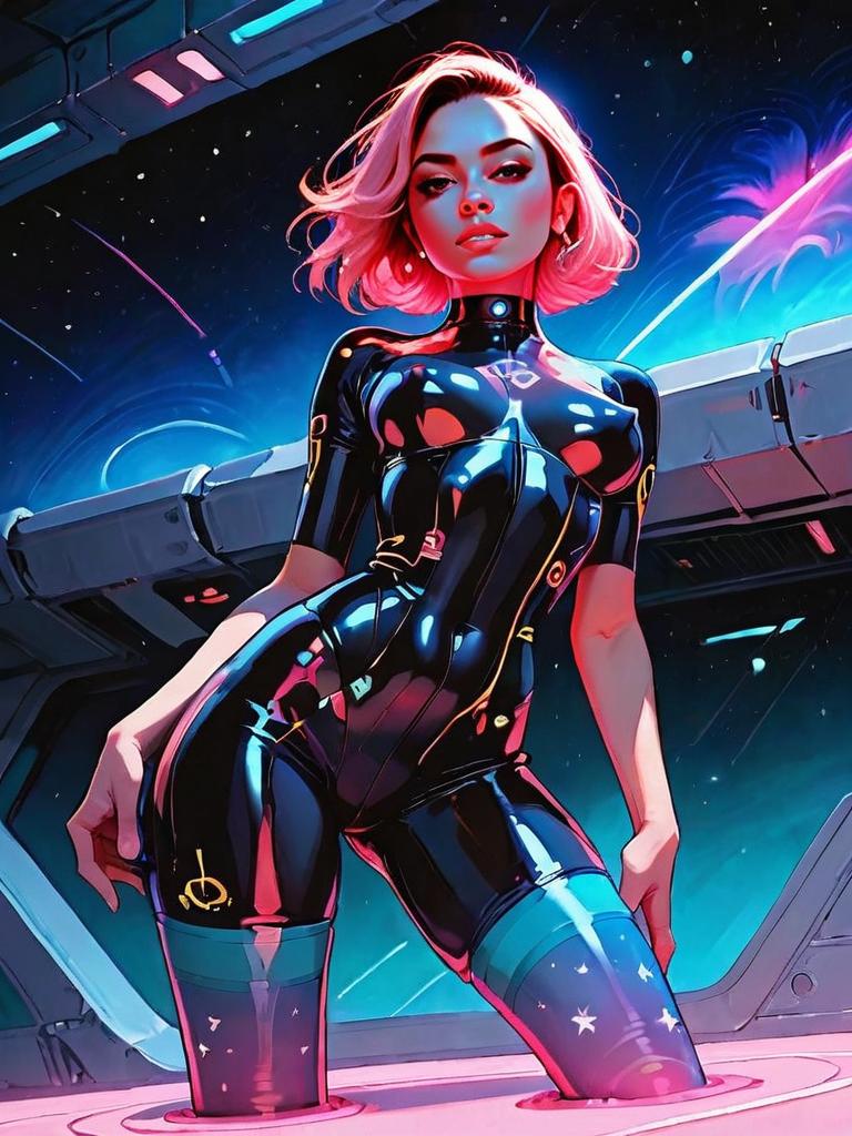 Cyberpunk Woman in Glossy Black Bodysuit Sci-Fi Digital Art