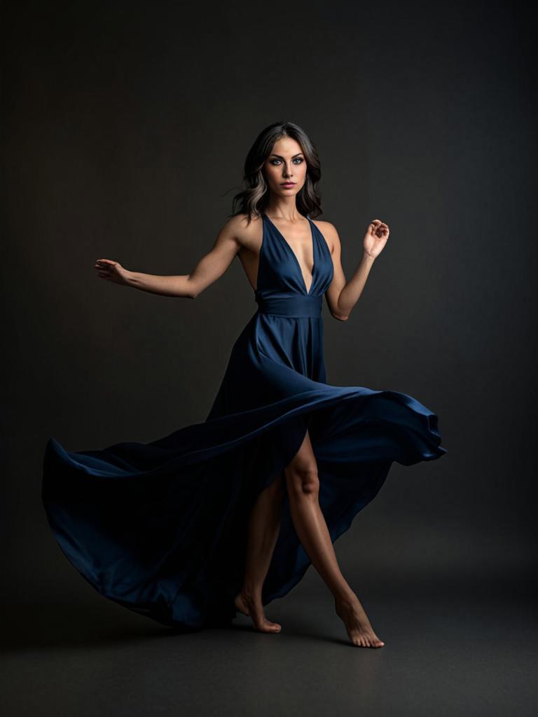 Elegant Woman in Flowing Navy Dress