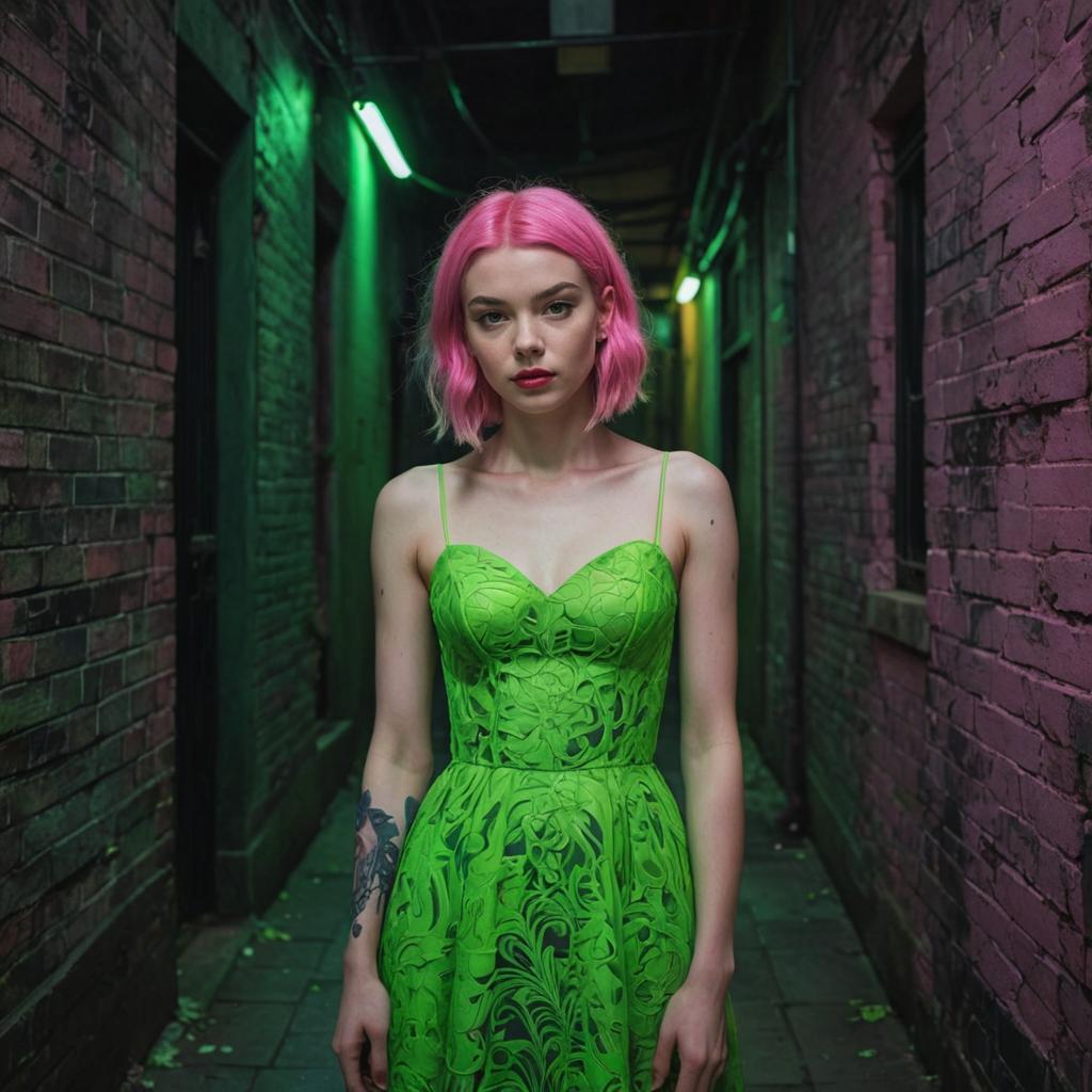 Young Woman with Pink Hair in Neon Green Dress