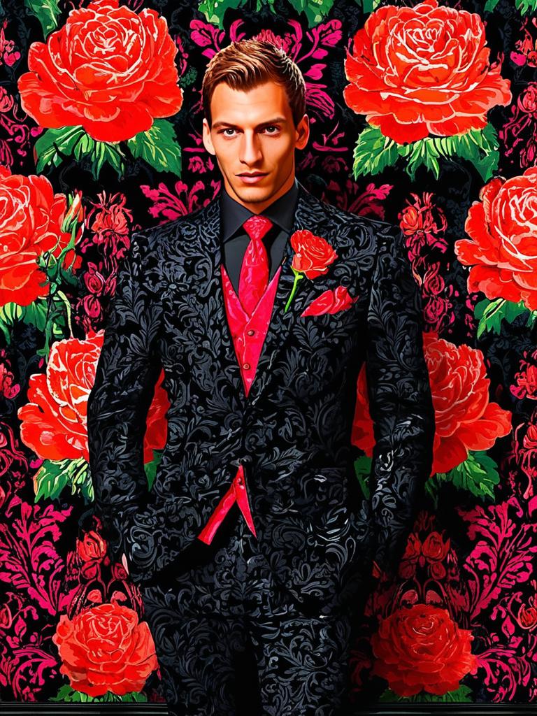 Confident Man in Black Suit with Floral Patterns Confident Man in Black Suit with Floral Patterns