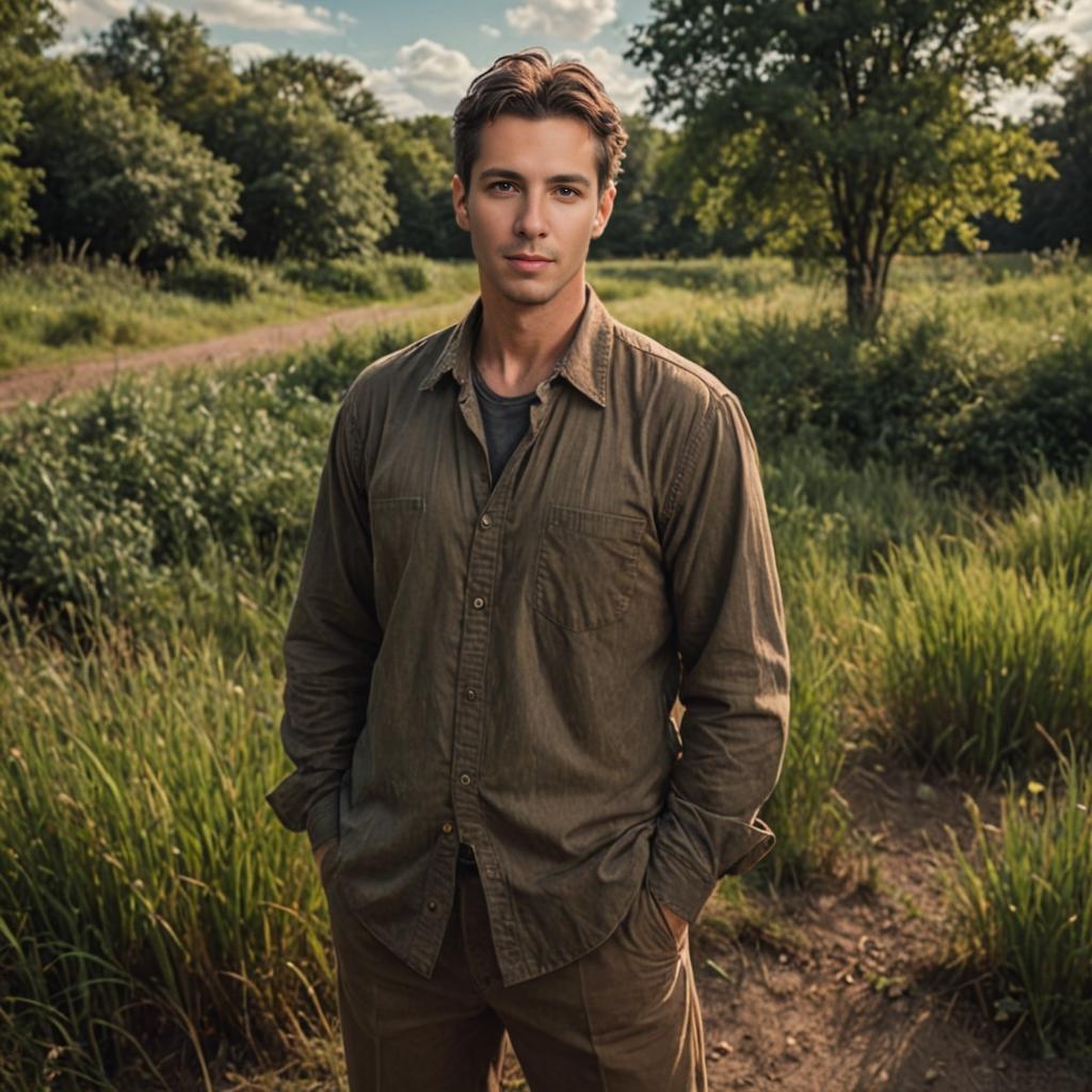 Man in Lush Green Field Under Partly Cloudy Sky