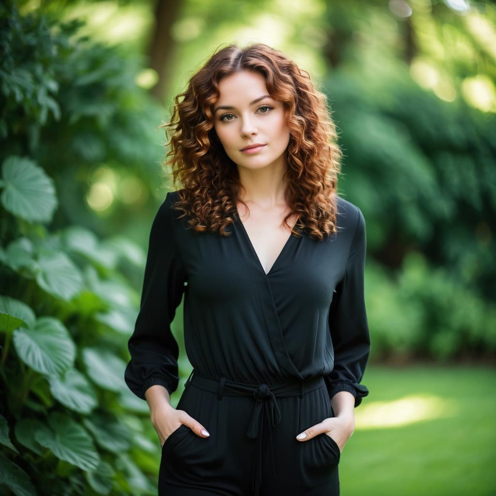 Confident Woman in Black Jumpsuit Outdoors