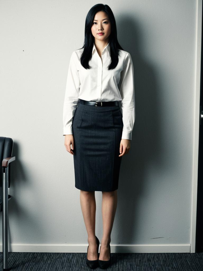 Professional Woman in Corporate Attire Wearing Skirt and White Shirt