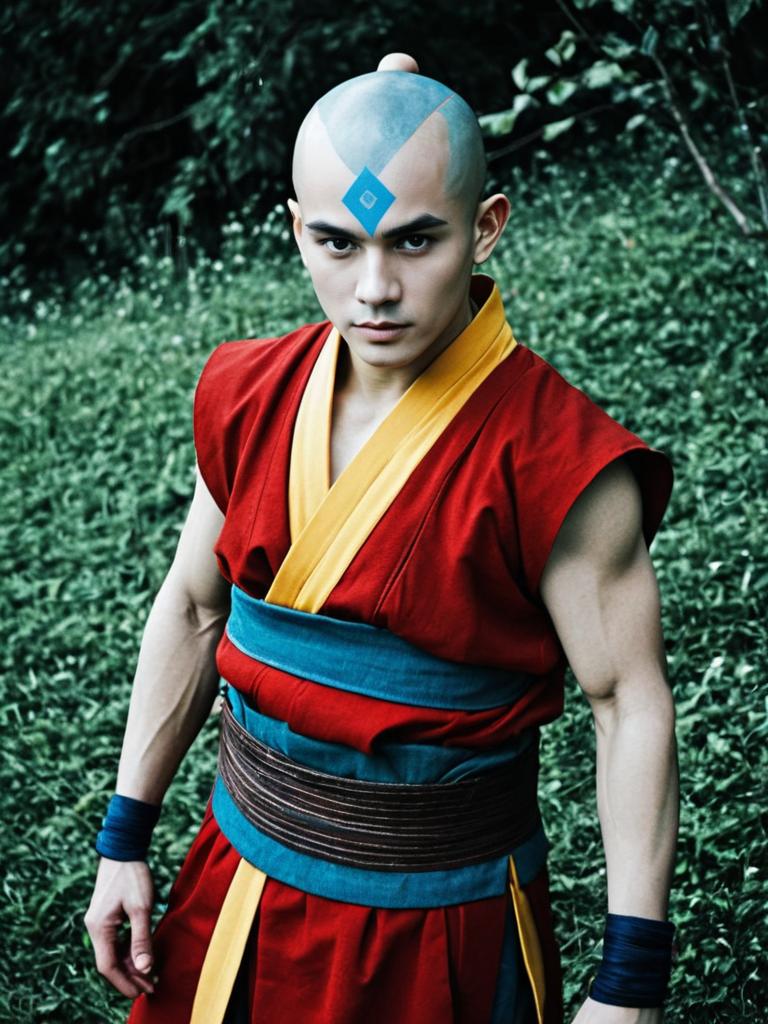 Realistic Man Cosplaying Aang Costume from Avatar The Last Airbender