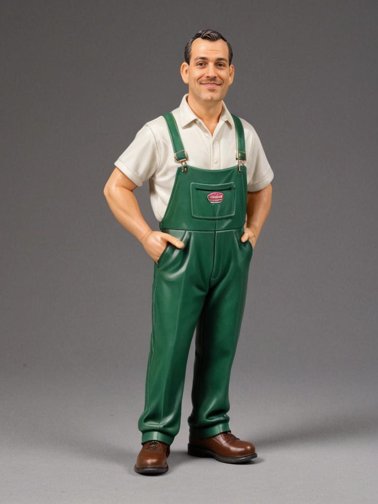 Caricature Figurine of a Smiling Man in Green Overalls